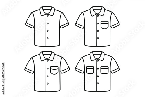 Set of linear shirt outlines with various sleeve styles and pocket designs, vector cartoon illustration, transparent background, ordered collection for fashion and tailoring concepts