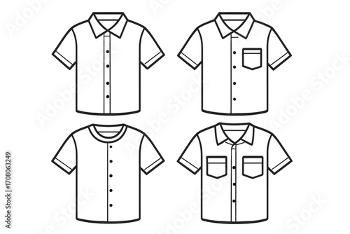 Set of linear shirt outlines with varying short sleeves and pocket designs, vector cartoon illustration, transparent background, men's fashion, clothing collection, casual and formal styles