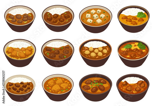 Assortment of Japanese Curry Rice Bowls with Various Toppings and Flavors.