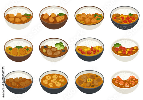 Assortment of Japanese Curry Rice Bowls with Various Toppings Illustration.