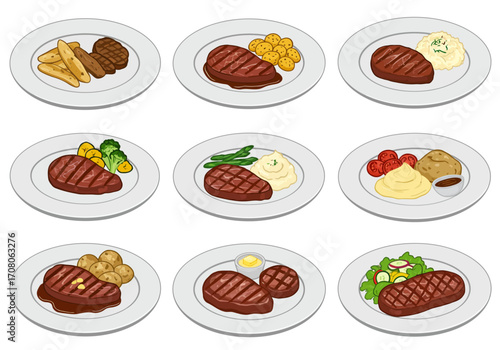 Assortment of Grilled Steak Dishes on White Plates.