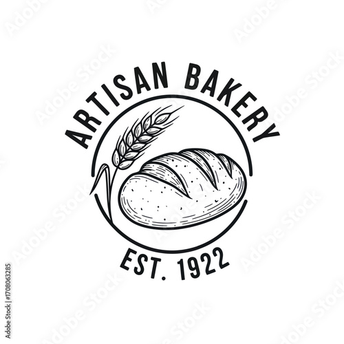 A vintage-style logo featuring an artisan bread loaf and wheat stalk inside a circle, with "Artisan Bakery" text and "Est. 1922" below.