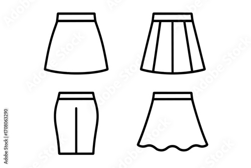 Minimalist linear skirt icons set, vector illustration of different skirt styles including plain, pleated, pencil, and wavy hem skirts with transparent background, fashion apparel collection