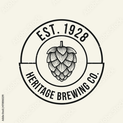 Vintage logo for Heritage Brewing Company, featuring a detailed hop cone design, established in 1928.