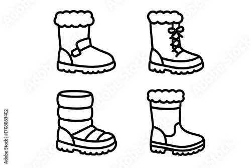 Set of winter boots outline vector icons, various styles of warm cold weather footwear, cozy fur-lined boots, winter shoes collection, cartoon illustration set