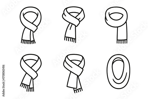 Minimalist Scarf Designs Set of Six, Black Outline Vector Illustrations, Winter Fashion Accessories, Cozy Warm Scarves, Cartoon Style Transparent Background, Essential Wardrobe Elements