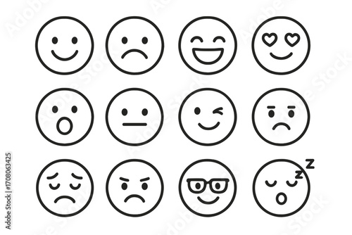 Simple line art emoticons with diverse expressions for digital communication, vector cartoon illustration set, transparent background, ordered collection of expressive smiley faces for messaging