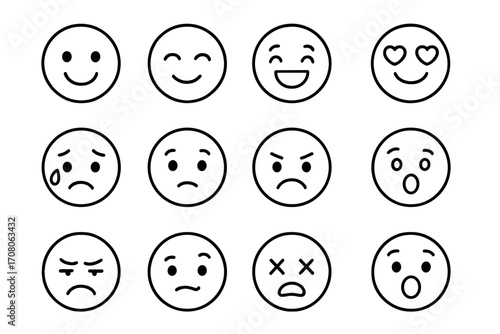 Simple line art emoticons with diverse facial expressions, digital communication icons, vector cartoon illustration set, transparent background, emotional faces, ordered set of 12 emoji faces