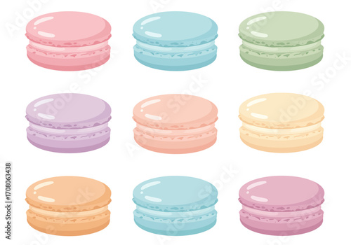 Colorful Macarons Assortment Pastel Shades of French Confectionery Treats.