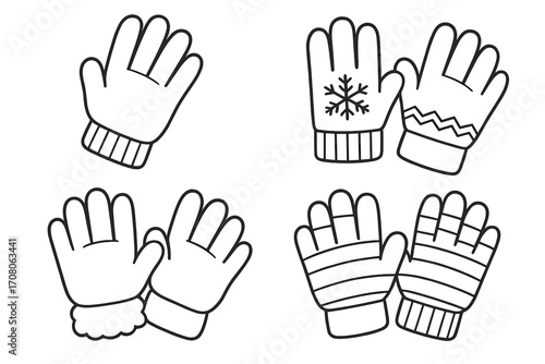 Set of winter gloves outline collection with various designs and patterns, vector cartoon illustration, knitted and warm mittens, cozy cold weather accessories, transparent background