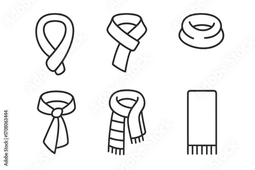 Set of six minimalist outlined scarf designs, vector cartoon illustration collection with transparent background, simple stylish neckwear, winter accessory icons, fashion elements
