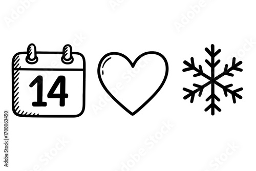 Hand drawn February calendar with Valentine heart and snowflake icon, winter month elements, love and cold season symbols, romantic and seasonal vector illustration