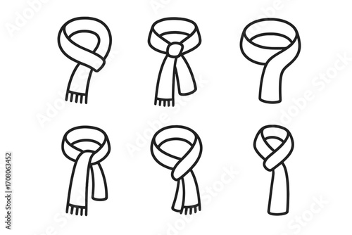 Set of six minimalist scarf designs, simple outline styles, vector cartoon illustrations with transparent background, winter accessories, fashion elements, cozy and stylish scarves