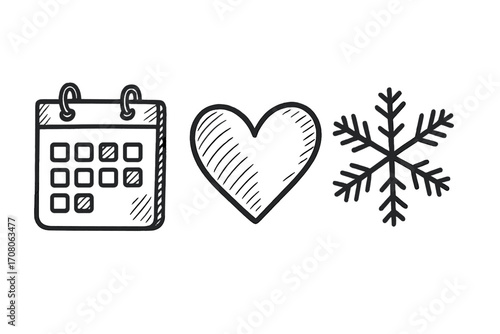 Sketched February elements with calendar, heart, and snowflake icons in black line art, vector cartoon illustration, transparent background, love date winter theme, February symbols set