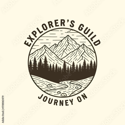 A vintage-style circular logo for an "Explorer's Guild," featuring a line art mountain range, pine forest, and a winding river.