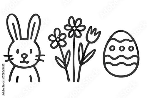 Sketchy Easter icons set with cute bunny, spring flowers bouquet, and decorated Easter egg in doodle style, vector cartoon illustration, transparent background, holiday elements