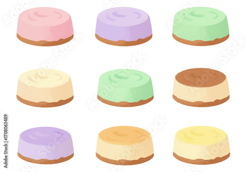 Colorful Mini Cheesecakes with Brown Crusts Assorted Flavors and Smooth Toppings.
