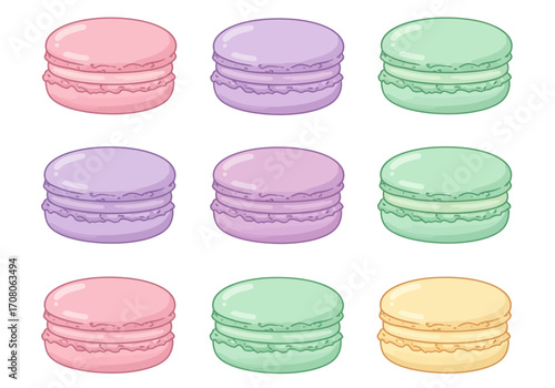 Colorful Macarons Assortment Pink Purple Green and Yellow Treats.