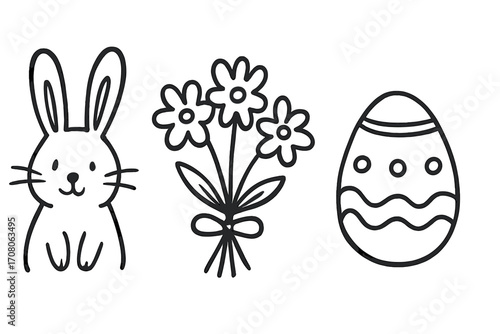 Sketchy Easter icons with bunny, flowers, and decorated egg in doodle style, cartoon vector illustration, transparent background, set of hand-drawn spring holiday elements