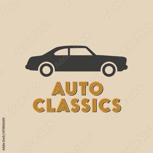 Silhouette of a vintage coupe automobile above stylized text reading "AUTO CLASSICS" in a retro font.