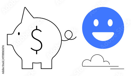 Piggy bank with dollar sign, smiling blue face, and minimalist cloud. Ideal for finance, saving, happiness, investment, budgeting, success and a simple landing page