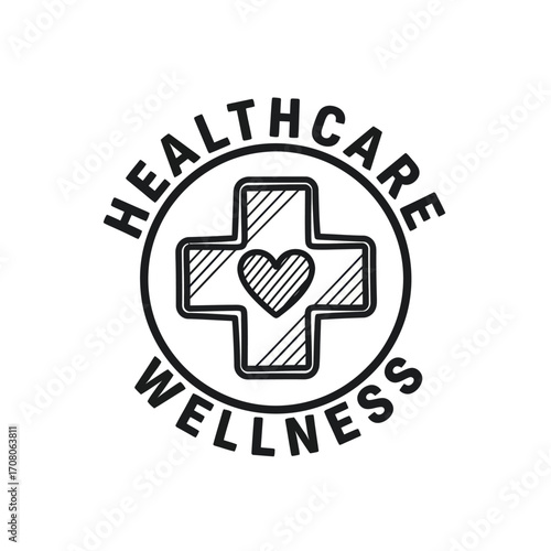 A circular logo featuring a stylized cross with a heart inside, surrounded by the words "HEALTHCARE" and "WELLNESS" in a hand-drawn aesthetic.