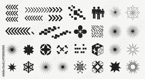 A collection of abstract geometric shapes and icons, including arrows, stars, pixelated elements, and minimalist figures, isolated on a