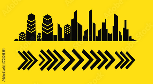 Vector illustration of a futuristic city skyline with dynamic arrows symbolizing urban development and forward progress on a yellow background