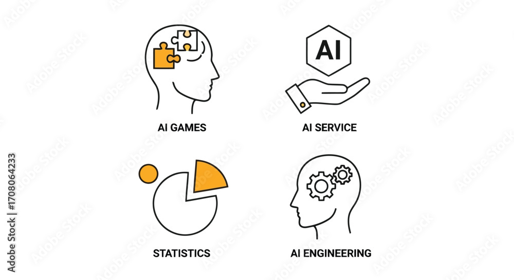 Fototapeta premium Vector illustration of artificial intelligence applications with icons, showcasing ai games, service, statistics, and engineering in vector design