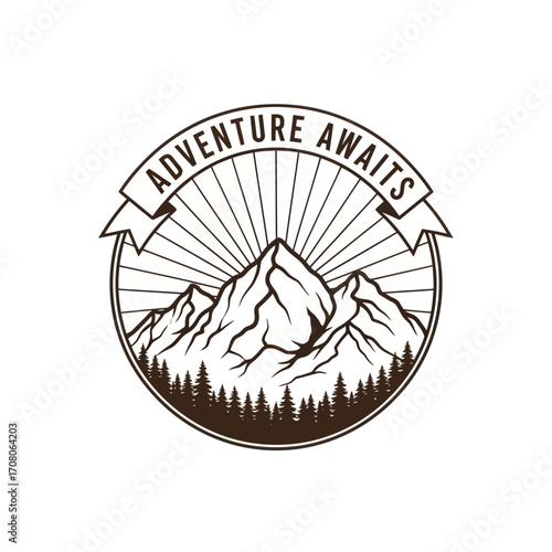 Stylized illustration of majestic mountain peaks rising above a dense forest, with radiating lines and a banner proclaiming "Adventure Awaits.".