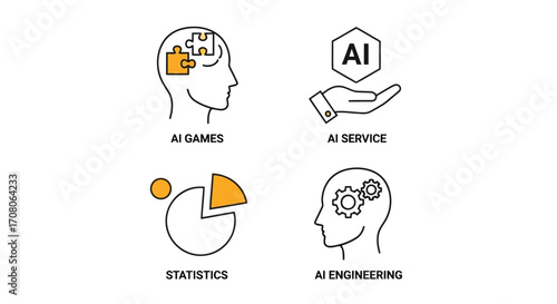 Vector illustration of artificial intelligence applications with icons, showcasing ai games, service, statistics, and engineering in vector design