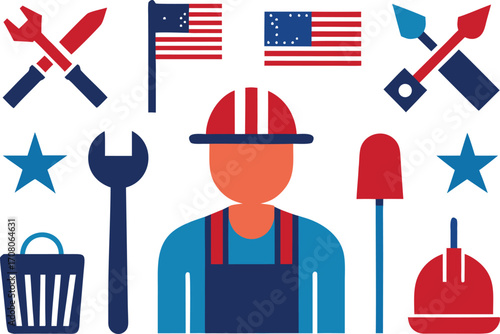 Labor day worker icons collection american flags tools professions festive vector illustration