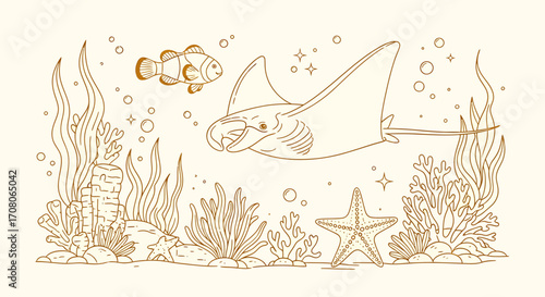 Elegant line art illustration of a vibrant coral reef featuring a majestic manta ray and a clownfish swimming through the ocean depths