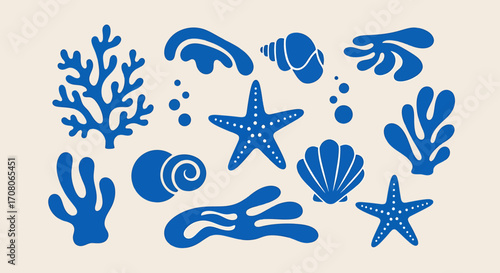 A collection of blue marine life silhouettes, including starfish, seashells, and coral, set against a light beige background, evoking a sense of the ocean and underwater world