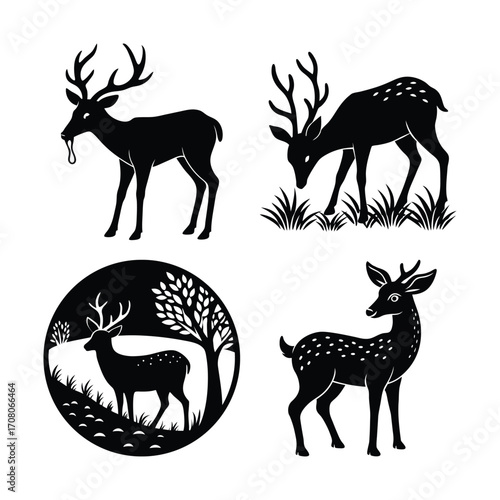 Vector silhouette illustration multiple deer silhouettes in various poses black silhouettes of wild deer's – male, female and roe deer Deer Running And Jumping Illustration