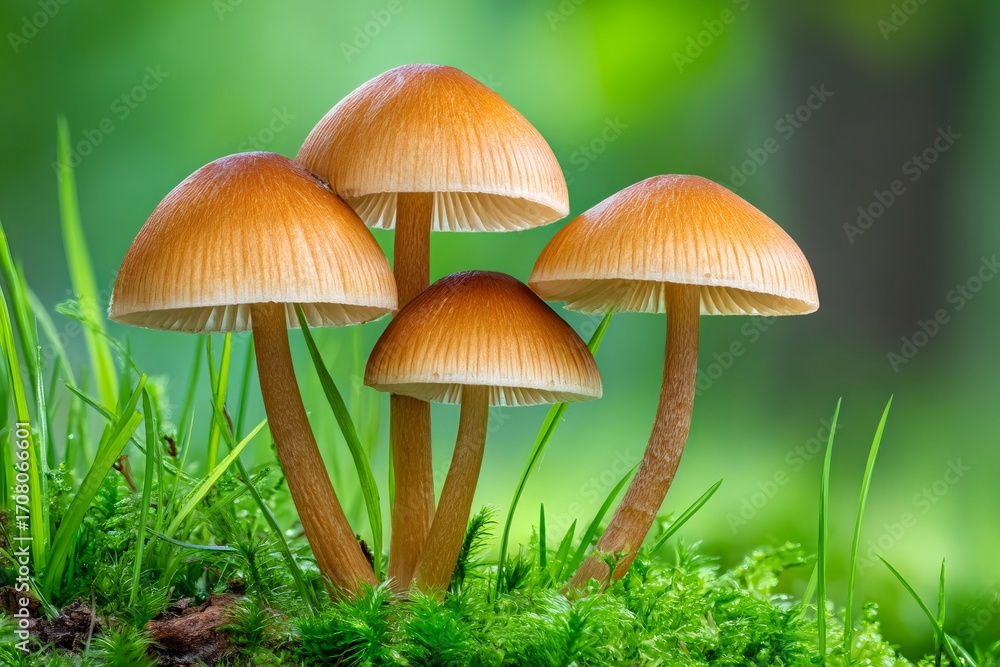 Fototapeta premium Mushrooms growing on moss in lush green environment