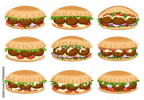 Assorted Falafel Sandwiches with Vegetables and Sauces Illustration.