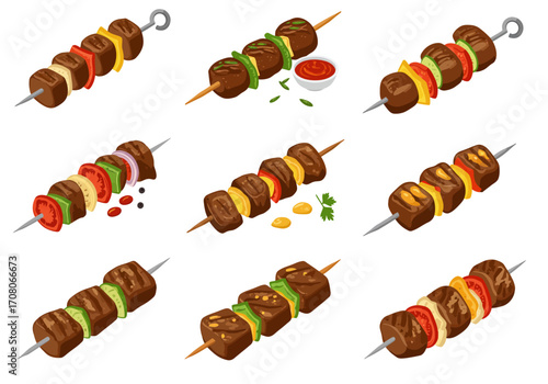 Assorted Grilled Meat and Vegetable Skewers on Metal and Wooden Sticks Colorful and Delicious.