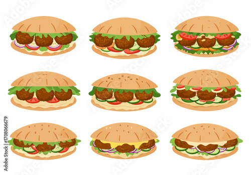 Assorted Falafel Sandwiches with Vegetables and Toppings Illustration.