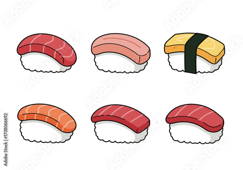 Assorted Nigiri Sushi Cartoon Illustration with Salmon Tuna and Egg.