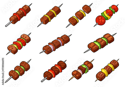 Assorted Meat and Vegetable Skewers on Metal Sticks Grilled Food.