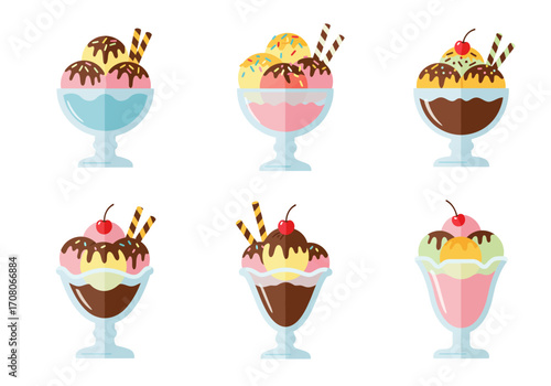 Colorful Ice Cream Sundaes in Glass Bowls with Toppings.