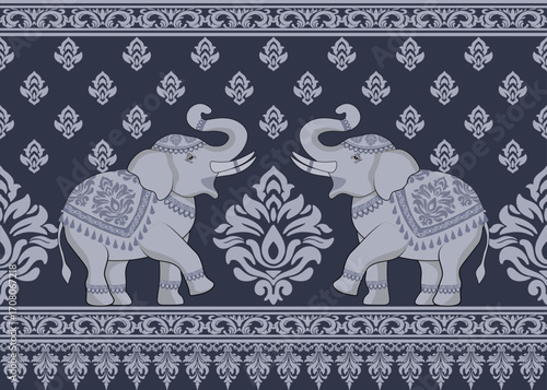 Damask border elephant vector traditional pattern, damask elephant vector decorative art, elegant damask elephant vector for textile and cultural design