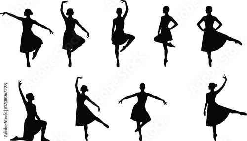 Silhouettes of ballerina dancers performing elegant ballet poses, graceful female dancers in motion, artistic ballet silhouettes, dance expression, creative movement on white background.