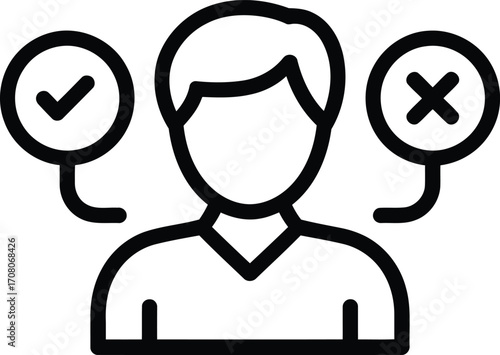 Decision Making with Person Icon Standing Between Accepted and Rejected Options Icon Vector, Choice, Evaluation, Opinion, and Verdict