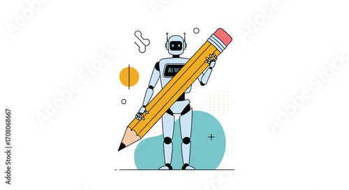 Robot holding a giant pencil symbolizing AI writing and creativity.