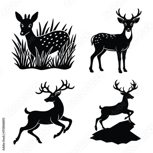 Vector silhouette illustration multiple deer silhouettes in various poses black silhouettes of wild deer's – male, female and roe deer Deer Running And Jumping Illustration