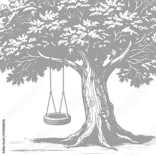Large Oak Tree with Tire Swing Design Illustration