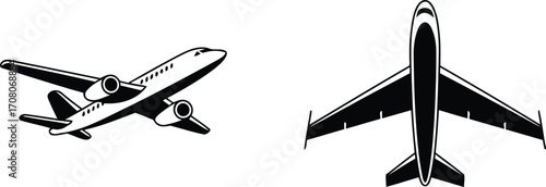 Aviation Art Two Bold Black and White Airplane Illustrations Presenting Side and Top Views of a Jet Aircraft for Enthusiasts