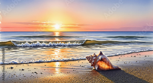 Seashell Sunrise Serene Beach Scene at Dawn